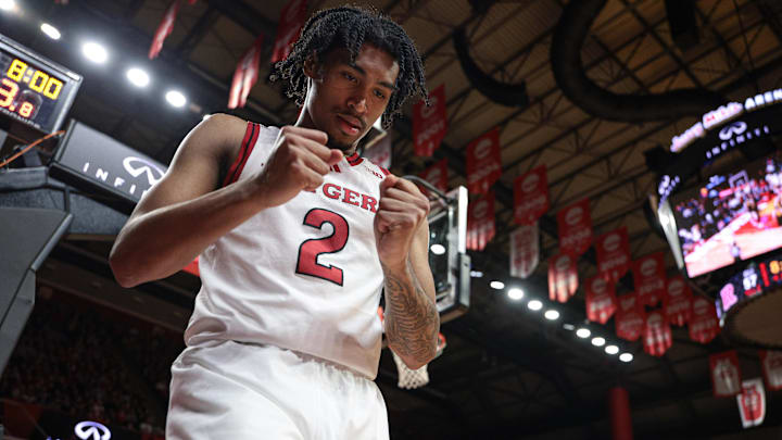 Feb 12, 2025; Piscataway, New Jersey, USA; Rutgers Scarlet Knights guard Dylan Harper (2) reacts after a basket during the second half against the Iowa Hawkeyes at Jersey Mike's Arena. Mandatory Credit: Vincent Carchietta-Imagn Images