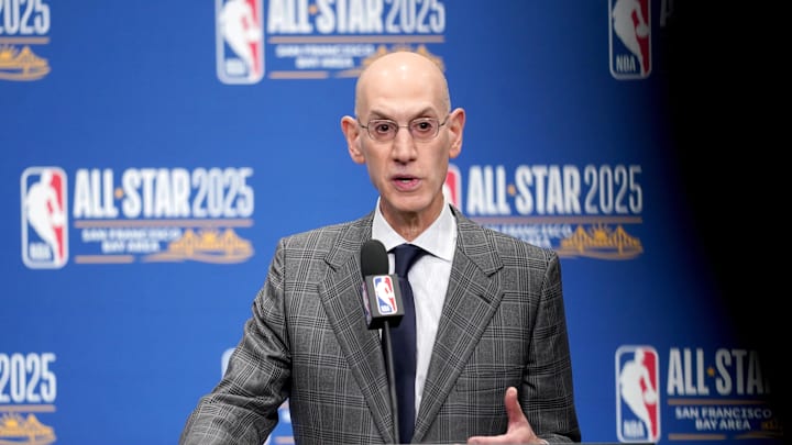 Feb 15, 2025; San Francisco, CA, USA; NBA commissioner Adam Silver speaks in a press conference during All Star Saturday Night ahead of the 2025 NBA All Star Game at Chase Center. Mandatory Credit: Cary Edmondson-Imagn Images