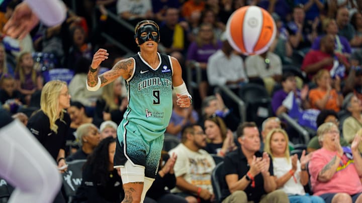 Sep 14, 2025; Phoenix, Arizona, USA; New York Liberty guard Natasha Cloud (9) calls for the ball during the first half against the Phoenix Mercury during game one of the 2025 WNBA Playoffs round one at PHX Arena. Mandatory Credit: Allan Henry-Imagn Images