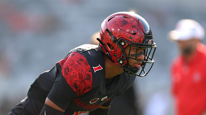 Oct 5, 2024; San Diego, California, USA; San Diego State Aztecs cornerback Chris Johnson (1) warms up against the Hawaii Rainbow Warriors before the game at Snapdragon Stadium. Mandatory Credit: Abe Arredondo-Imagn Images Oct 5, 2024; San Diego, California, USA; San Diego State Aztecs cornerback Chris Johnson (1) warms up against the Hawaii Rainbow Warriors before the game at Snapdragon Stadium. Mandatory Credit: Abe Arredondo-Imagn Images