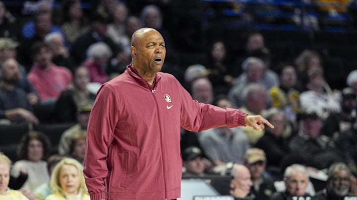 Feb 12, 2025; Winston-Salem, North Carolina, USA; Florida State Seminoles head coach Leonard Hamilton reacts to a play during the first half against the Wake Forest Demon Deacons at Lawrence Joel Veterans Memorial Coliseum. Mandatory Credit: Jim Dedmon-Imagn Images Feb 12, 2025; Winston-Salem, North Carolina, USA; Florida State Seminoles head coach Leonard Hamilton reacts to a play during the first half against the Wake Forest Demon Deacons at Lawrence Joel Veterans Memorial Coliseum. Mandatory Credit: Jim Dedmon-Imagn Images
