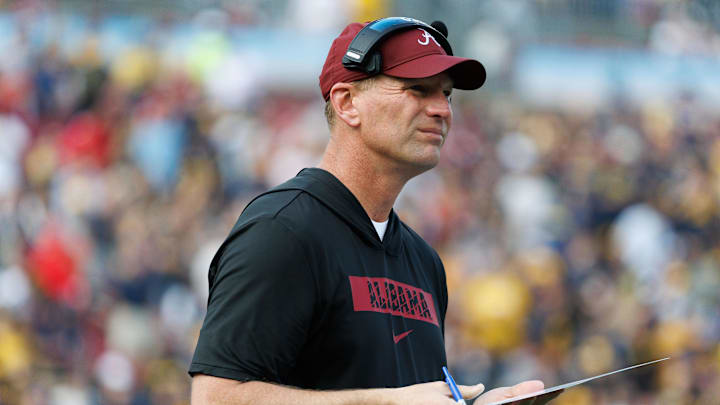 Dec 31, 2024; Tampa, FL, USA; Alabama Crimson Tide head coach Kalen DeBoer looks on against the Michigan Wolverines during the first half at Raymond James Stadium. Mandatory Credit: Matt Pendleton-Imagn Images