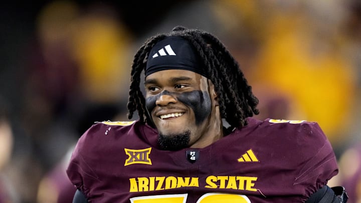 Nov 28, 2025; Tempe, Arizona, USA; Arizona State Sun Devils offensive lineman Max Iheanachor (58) against the Arizona Wildcats during the 99th Territorial Cup at Mountain America Stadium. Mandatory Credit: Mark J. Rebilas-Imagn Images
