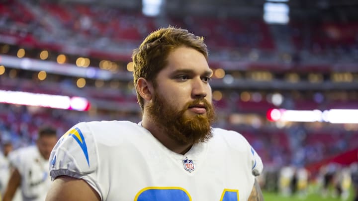 Nov 27, 2022; Glendale, Arizona, USA; Los Angeles Chargers guard Brenden Jaimes (64) against the Arizona Cardinals at State Farm Stadium. Mandatory Credit: Mark J. Rebilas-Imagn Images