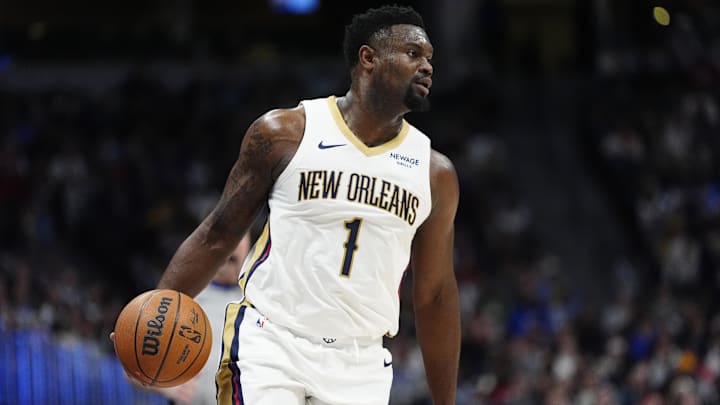 Feb 3, 2025; Denver, Colorado, USA; New Orleans Pelicans forward Zion Williamson (1) controls the ball in the second quarter against the Denver Nuggets at Ball Arena. Mandatory Credit: Ron Chenoy-Imagn Images Feb 3, 2025; Denver, Colorado, USA; New Orleans Pelicans forward Zion Williamson (1) controls the ball in the second quarter against the Denver Nuggets at Ball Arena. Mandatory Credit: Ron Chenoy-Imagn Images