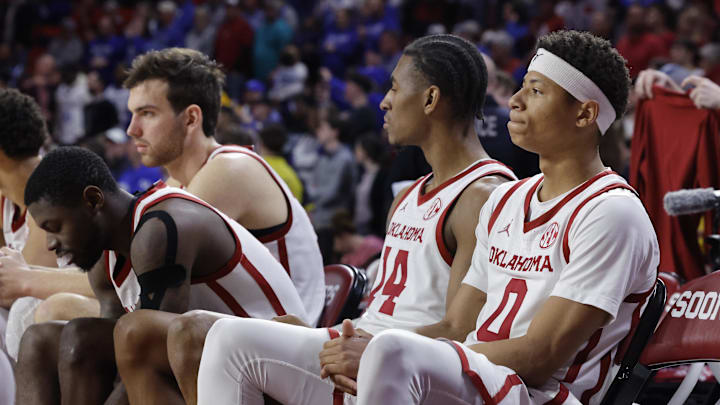 Feb 26, 2025; Norman, Oklahoma, USA; Oklahoma Sooners guard Jeremiah Fears (0) and forward Jalon Moore (14) before the start of a game against the Kentucky Wildcats at Lloyd Noble Center. Mandatory Credit: Alonzo Adams-Imagn Images Feb 26, 2025; Norman, Oklahoma, USA; Oklahoma Sooners guard Jeremiah Fears (0) and forward Jalon Moore (14) before the start of a game against the Kentucky Wildcats at Lloyd Noble Center. Mandatory Credit: Alonzo Adams-Imagn Images