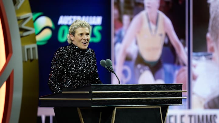 Oct 13, 2024; Uncasville, Conn, USA; Class of 2024 inductee Michele Timms speaks during the Naismith Memorial Basketball Hall of Fame Enshrinement at Symphony Hall Springfield. Mandatory Credit: David Butler II-Imagn Images