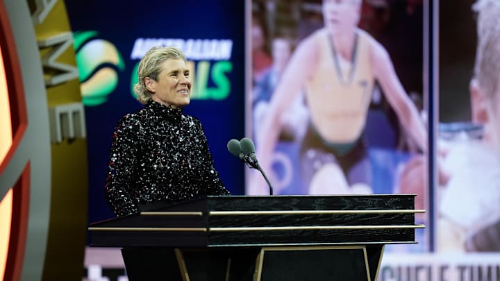 Oct 13, 2024; Uncasville, Conn, USA; Class of 2024 inductee Michele Timms speaks during the Naismith Memorial Basketball Hall of Fame Enshrinement at Symphony Hall Springfield. Mandatory Credit: David Butler II-Imagn Images