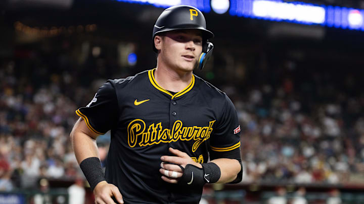 May 27, 2025; Phoenix, Arizona, USA; Pittsburgh Pirates catcher Henry Davis against the Arizona Diamondbacks at Chase Field. Mandatory Credit: Mark J. Rebilas-Imagn Images