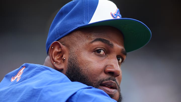 Jul 19, 2025; Atlanta, Georgia, USA; Atlanta Braves designated hitter Marcell Ozuna (20) in the dugout before a game against the New York Yankees at Truist Park. Mandatory Credit: Brett Davis-Imagn Images
