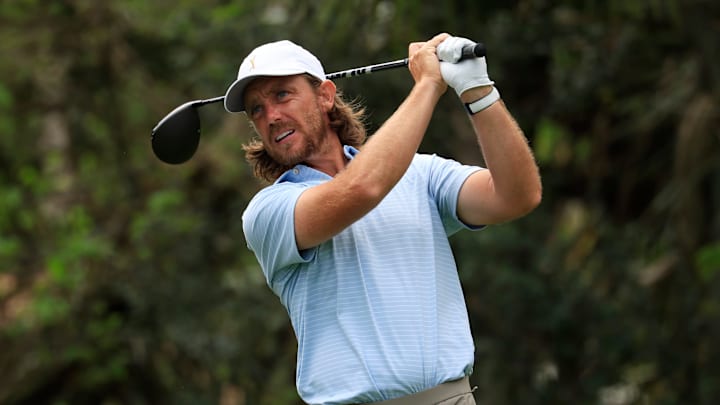 Tommy Fleetwood tees off on the fifth hole during the third round of The Players Championship PGA golf tournament at TPC Sawgrass, Saturday, March 14, 2026, in Ponte Vedra Beach, Fla. 