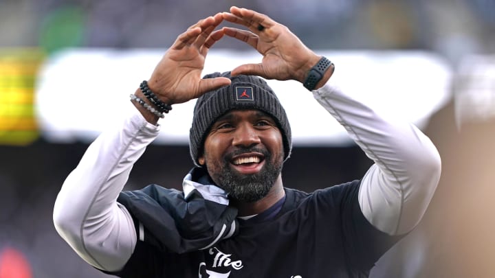 Dec 15, 2019; Oakland, CA, USA; Oakland Raiders former cornerback Charles Woodson gestures on the field during the fourth quarter of the game between the Oakland Raiders and the Jacksonville Jaguars at Oakland Coliseum. Mandatory Credit: Darren Yamashita-USA TODAY Sports