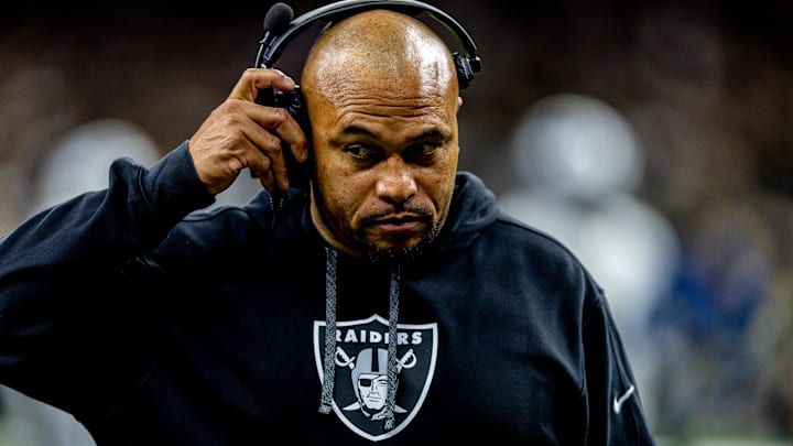 Dec 29, 2024; New Orleans, Louisiana, USA;  Las Vegas Raiders head coach Antonio Pierce looks on against the New Orleans Saints during the second half at Caesars Superdome. Mandatory Credit: Stephen Lew-Imagn Images