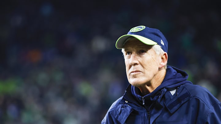 Dec 18, 2023; Seattle, Washington, USA; Seattle Seahawks head coach Pete Carroll stands on the sideline  during the third quarter against the Philadelphia Eagles at Lumen Field. Mandatory Credit: Joe Nicholson-Imagn Images