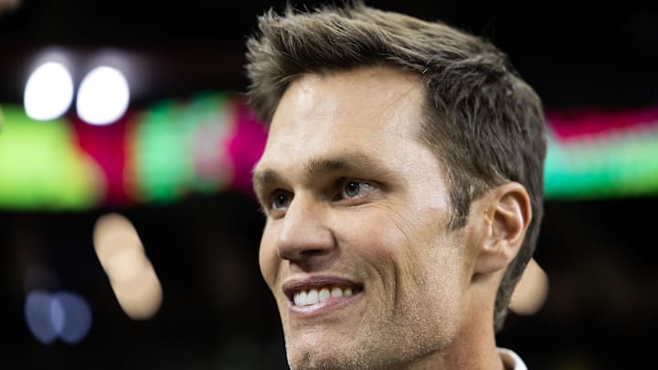 Feb 9, 2025; New Orleans, LA, USA; Fox Sports announcer Tom Brady on the field before Super Bowl LIX between the Philadelphia Eagles and the Kansas City Chiefs at Ceasars Superdome. Mandatory Credit: Mark J. Rebilas-Imagn Images