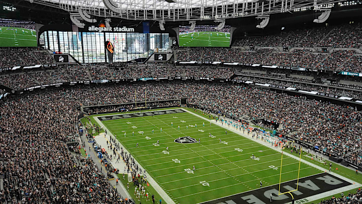 Sep 26, 2021; Paradise, Nevada, USA; A general overall view of Allegiant Stadium with a Untied States flag on the field during the playing of the national anthem before the game between the Las Vegas Raiders and the Miami Dolphins.The Raiders defeated the Dolphins 31-28 in overtime. Mandatory Credit: Kirby Lee-Imagn Images Sep 26, 2021; Paradise, Nevada, USA; A general overall view of Allegiant Stadium with a Untied States flag on the field during the playing of the national anthem before the game between the Las Vegas Raiders and the Miami Dolphins.The Raiders defeated the Dolphins 31-28 in overtime. Mandatory Credit: Kirby Lee-Imagn Images