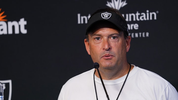 Jul 27, 2022; Las Vegas, Nevada, US; Las Vegas Raiders special teams coordinator Tom McMahon answers questions to the media during training camp at Intermountain Healthcare Performance Center. Mandatory Credit: Lucas Peltier-Imagn Images