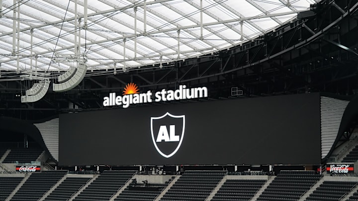 Sep 21, 2020; Paradise, Nevada, USA; A logo to remember Al Davis is displayed on the video board before a NFL game between the New Orleans Saints and Las Vegas Raiders at Allegiant Stadium. Mandatory Credit: Kirby Lee-Imagn Images