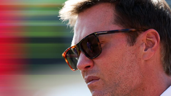 Sep 28, 2025; Tampa, Florida, USA; Fox Sports broadcaster Tom Brady looks on from the field before the game between Philadelphia Eagles and Tampa Bay Buccaneers at Raymond James Stadium. Mandatory Credit: Nathan Ray Seebeck-Imagn Images
