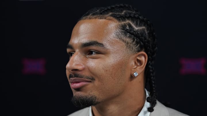 Jul 9, 2025; Frisco, TX, USA; Arizona defensive back Treydan Stukes speaks with the media during 2025 Big 12 Football Media Days at The Star. Mandatory Credit: Raymond Carlin III-Imagn Images