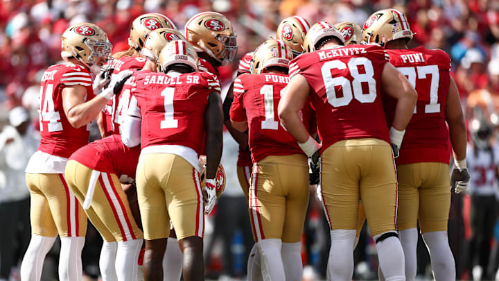 Nov 10, 2024; Tampa, Florida, USA; San Francisco 49ers quarterback Brock Purdy (13) leads a huddle eagainst the Tampa Bay Buccaneers in the second quarter at Raymond James Stadium. Mandatory Credit: Nathan Ray Seebeck-Imagn Images