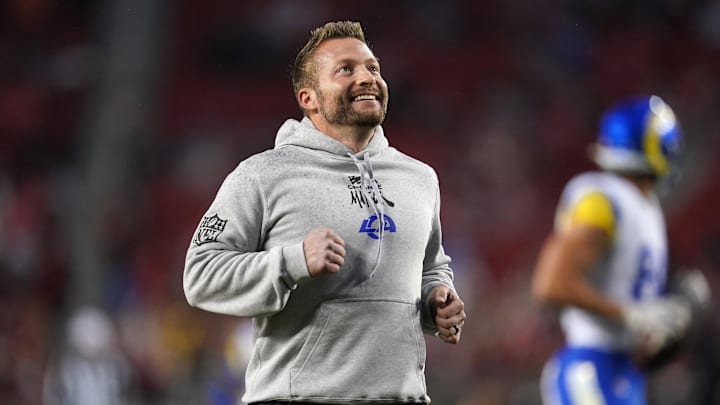 Dec 12, 2024; Santa Clara, California, USA; Los Angeles Rams head coach Sean McVay jogs on the field before the start of the game against the San Francisco 49ers at Levi's Stadium. Mandatory Credit: Cary Edmondson-Imagn Images