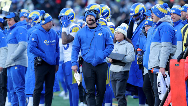 Dec 22, 2024; East Rutherford, New Jersey, USA; Los Angeles Rams head coach Sean McVay coaches against the New York Jets during the second quarter at MetLife Stadium. Mandatory Credit: Brad Penner-Imagn Images Dec 22, 2024; East Rutherford, New Jersey, USA; Los Angeles Rams head coach Sean McVay coaches against the New York Jets during the second quarter at MetLife Stadium. Mandatory Credit: Brad Penner-Imagn Images