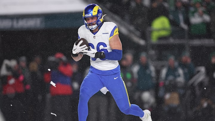 Jan 19, 2025; Philadelphia, Pennsylvania, USA; Los Angeles Rams tight end Colby Parkinson (86) makes a touchdown catch in the second half against the Philadelphia Eagles in a 2025 NFC divisional round game at Lincoln Financial Field. Mandatory Credit: Bill Streicher-Imagn Images Jan 19, 2025; Philadelphia, Pennsylvania, USA; Los Angeles Rams tight end Colby Parkinson (86) makes a touchdown catch in the second half against the Philadelphia Eagles in a 2025 NFC divisional round game at Lincoln Financial Field. Mandatory Credit: Bill Streicher-Imagn Images
