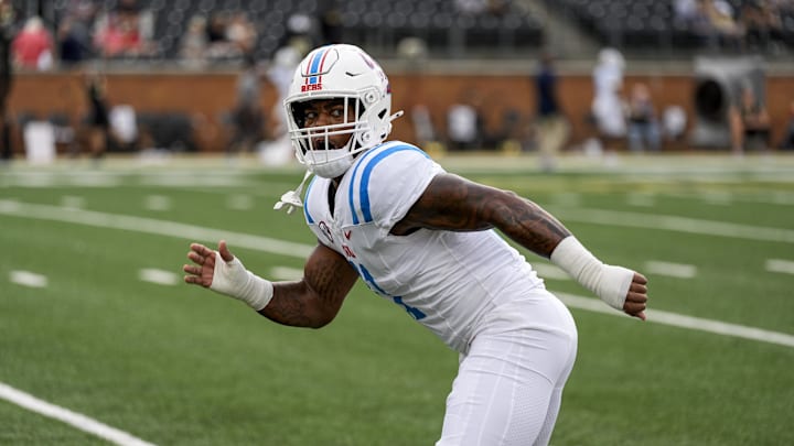 Sep 14, 2024; Winston-Salem, North Carolina, USA;  Mississippi Rebels linebacker Chris Paul Jr. (11) during pregame activity against the Wake Forest Demon Deacons at Allegacy Federal Credit Union Stadium. Mandatory Credit: Jim Dedmon-Imagn Images