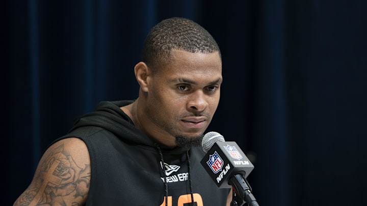 Feb 28, 2025; Indianapolis, IN, USA; Auburn running back Jarquez Hunter (RB12) talks to the press during the 2025 NFL Combine at Indiana Convention Center. Mandatory Credit: Stephanie Amador Blondet-Imagn Images