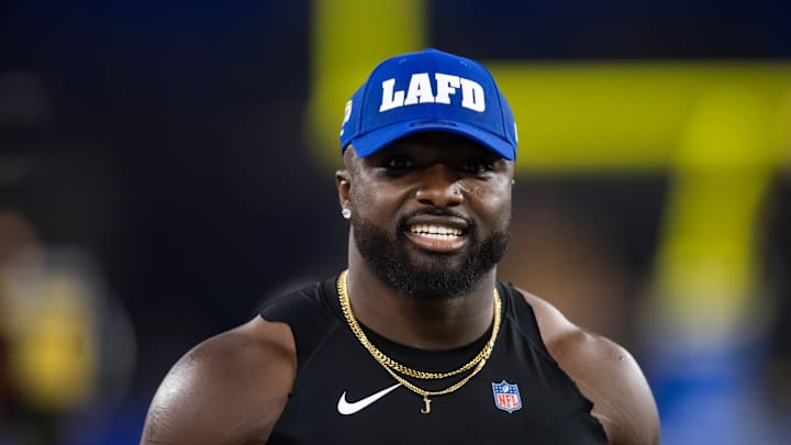 Jan 13, 2025; Glendale, AZ, USA; Los Angeles Rams linebacker Byron Young (0) against the Minnesota Vikings during an NFC wild card game at State Farm Stadium. Mandatory Credit: Mark J. Rebilas-Imagn Images
