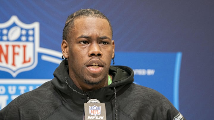 Feb 28, 2025; Indianapolis, IN, USA; Pittsburgh wideout Konata Mumpfield (WO32) talks to the press during the 2025 NFL Combine at Indiana Convention Center. Mandatory Credit: Stephanie Amador Blondet-Imagn Images