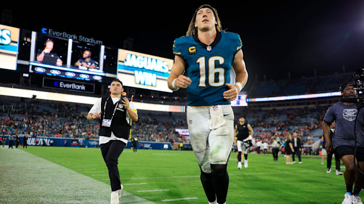 Jacksonville Jaguars quarterback Trevor Lawrence (16) runs off the field after the game of an NFL football matchup at EverBank Stadium, Monday, Oct. 6, 2025, in Jacksonville, Fla. The Jacksonville Jaguars edged the Kansas City Chiefs 31-28. [Corey Perrine/Florida Times-Union]