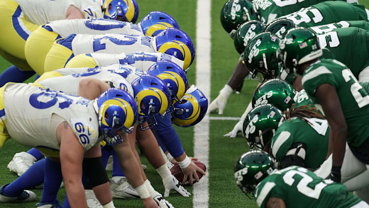 Dec 20, 2020; Inglewood, California, USA; A general view of the line of scrimmage as Los Angeles Rams long snapper Jake McQuaide (44) prepares to snap the ball against the New York Jets at SoFi Stadium. The Jets defeated the Rams 23-20. Mandatory Credit: Kirby Lee-Imagn Images Dec 20, 2020; Inglewood, California, USA; A general view of the line of scrimmage as Los Angeles Rams long snapper Jake McQuaide (44) prepares to snap the ball against the New York Jets at SoFi Stadium. The Jets defeated the Rams 23-20. Mandatory Credit: Kirby Lee-Imagn Images