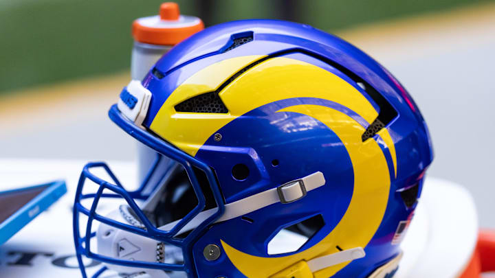 Dec 7, 2025; Glendale, Arizona, USA; Detailed view of a Los Angeles Rams helmet at State Farm Stadium. Mandatory Credit: Mark J. Rebilas-Imagn Images