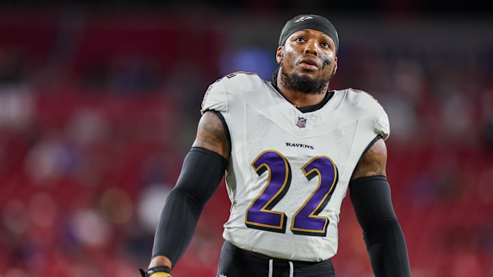 Oct 21, 2024; Tampa, Florida, USA; Baltimore Ravens running back Derrick Henry (22) warms up before a game against the Tampa Bay Buccaneers at Raymond James Stadium. Mandatory Credit: Nathan Ray Seebeck-Imagn Images