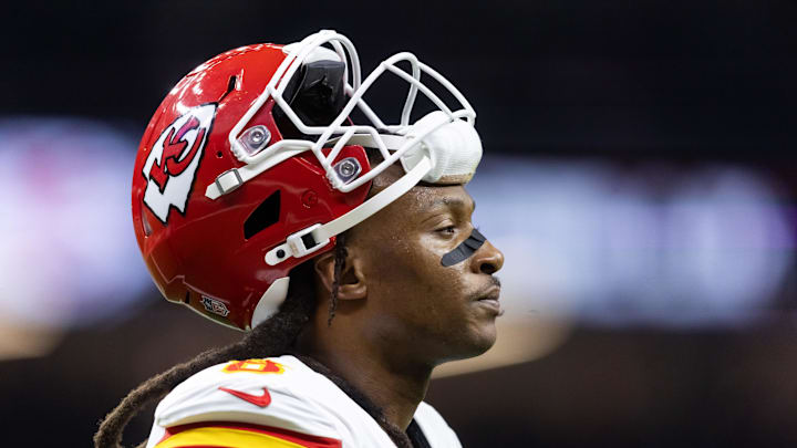 Kansas City Chiefs wide receiver DeAndre Hopkins (8) against the Philadelphia Eagles in Super Bowl LIX at Ceasars Superdome. Mandatory Credit: Mark J. Rebilas-Imagn Images