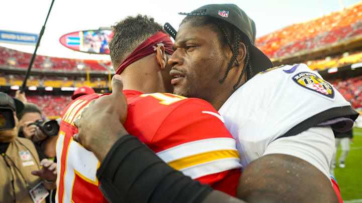 Sep 28, 2025; Kansas City, Missouri, USA; Baltimore Ravens quarterback Lamar Jackson (8) greets Kansas City Chiefs quarterback Patrick Mahomes (15) after a game at GEHA Field at Arrowhead Stadium. Mandatory Credit: Jay Biggerstaff-Imagn Images
