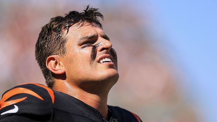 Oct 6, 2024; Cincinnati, Ohio, USA; Cincinnati Bengals defensive end Trey Hendrickson (91) stands on the sidelines during the first half against the Baltimore Ravens at Paycor Stadium. Mandatory Credit: Katie Stratman-Imagn Images
