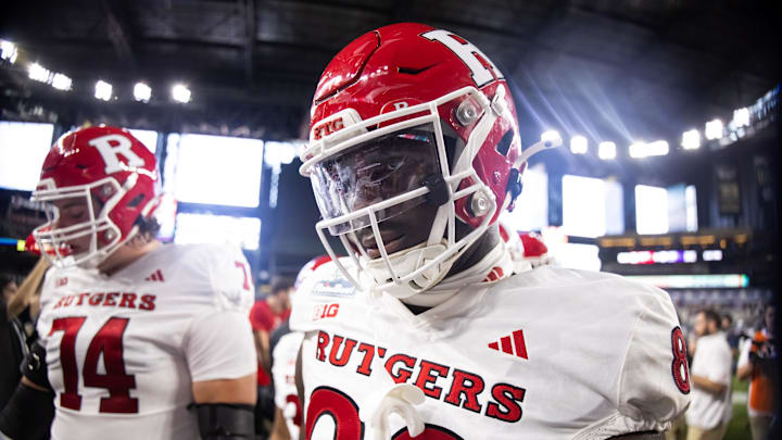 Rutgers Scarlet Knights defensive lineman Jordan Walker (82) Credit: Mark J. Rebilas-Imagn Images