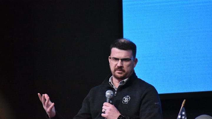 South Dakota football coach Travis Johansen speaks at a Sioux Falls Rotary meeting on Monday, April 7, 2025.