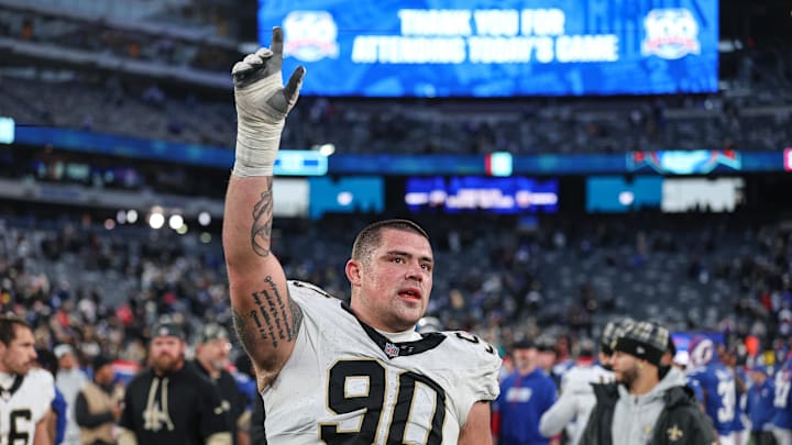 Dec 8, 2024; East Rutherford, New Jersey, USA; New Orleans Saints defensive tackle Bryan Bresee (90) celebrates after the game against the New York Giants at MetLife Stadium. Mandatory Credit: Vincent Carchietta-Imagn Images Dec 8, 2024; East Rutherford, New Jersey, USA; New Orleans Saints defensive tackle Bryan Bresee (90) celebrates after the game against the New York Giants at MetLife Stadium. Mandatory Credit: Vincent Carchietta-Imagn Images