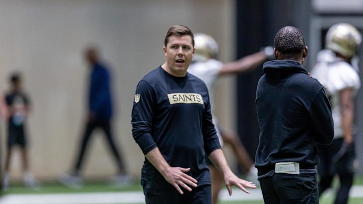 May 10, 2025; New Orleans, LA, USA;  New Orleans Saints head coach Kellen Moore during rookie minicamp at Ochsner Sports Performance Center. Mandatory Credit: Stephen Lew-Imagn Images
