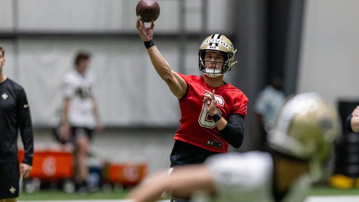 May 10, 2025; New Orleans, LA, USA;  New Orleans Saints quarterback Tyler Shough (6) during rookie minicamp at Ochsner Sports Performance Center. Mandatory Credit: Stephen Lew-Imagn Images