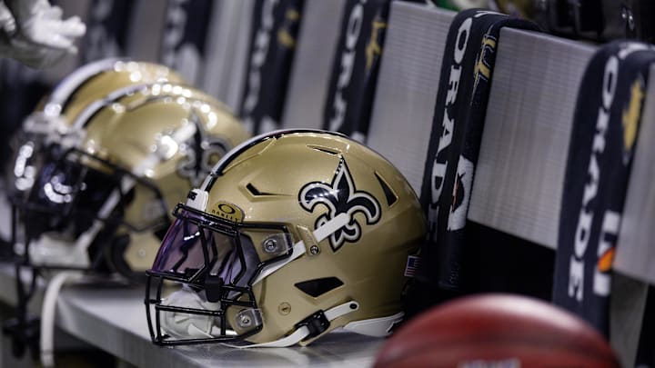 Nov 5, 2023; New Orleans, Louisiana, USA; Detailed view of the New Orleans Saints helmets on the team bench against the Chicago Bears during the first half at the Caesars Superdome. Mandatory Credit: Stephen Lew-Imagn Images Nov 5, 2023; New Orleans, Louisiana, USA; Detailed view of the New Orleans Saints helmets on the team bench against the Chicago Bears during the first half at the Caesars Superdome. Mandatory Credit: Stephen Lew-Imagn Images
