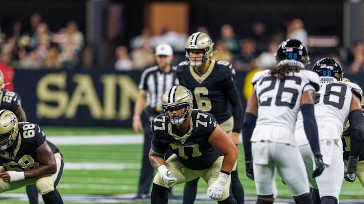 Aug 17, 2025; New Orleans, Louisiana, USA;  New Orleans Saints quarterback Tyler Shough (6)] calls for he ball avggainst Jacksonville Jaguars safety Antonio Johnson (26)
during the first half at Caesars Superdome. Mandatory Credit: Stephen Lew-Imagn Images