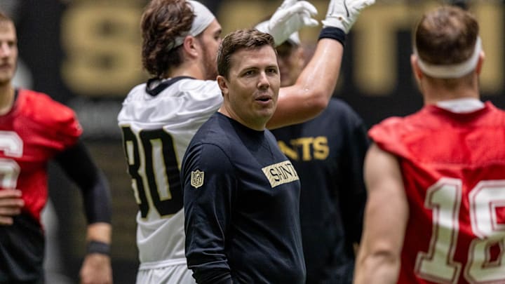 May 10, 2025; New Orleans, LA, USA;  New Orleans Saints head coach Kellen Moore during rookie minicamp at Ochsner Sports Performance Center. Mandatory Credit: Stephen Lew-Imagn Images