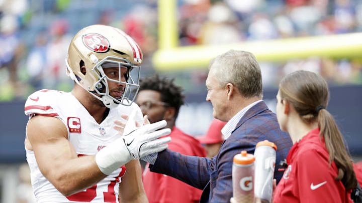 Sep 7, 2025; Seattle, Washington, USA; San Francisco 49ers defensive end Nick Bosa (97) reacts with San Francisco 49ers general manager John Lynch before the game against the Seattle Seahawks at Lumen Field. Mandatory Credit: Joe Nicholson-Imagn Images