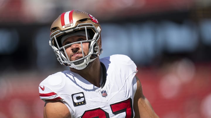 Sep 21, 2025; Santa Clara, California, USA; San Francisco 49ers defensive end Nick Bosa (97) on the field during warm ups prior to a game against the Arizona Cardinals during the first half at Levi's Stadium. Mandatory Credit: Cary Edmondson-Imagn Images Sep 21, 2025; Santa Clara, California, USA; San Francisco 49ers defensive end Nick Bosa (97) on the field during warm ups prior to a game against the Arizona Cardinals during the first half at Levi's Stadium. Mandatory Credit: Cary Edmondson-Imagn Images