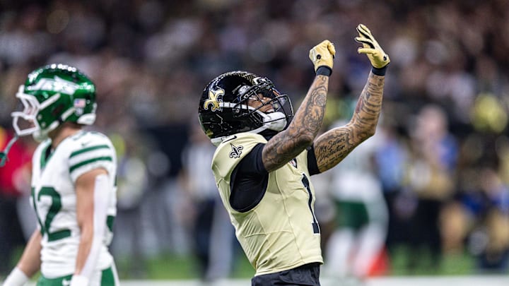 Dec 21, 2025; New Orleans, Louisiana, USA;  New Orleans Saints cornerback Alontae Taylor (1) reacts to sacking New York Jets quarterback Brady Cook (4) during the second half  at Caesars Superdome. Mandatory Credit: Stephen Lew-Imagn Images